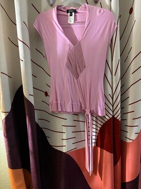 bebe Pink Short Sleeve Tie-Hem Blouse
